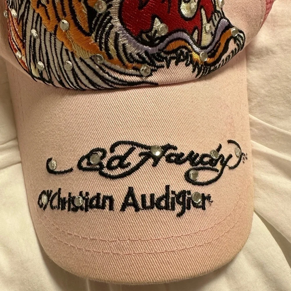 Vintage Ed Hardy Pink Tiger Trucker Baseball Hat Y2K 00s Embroidered Rhinestone